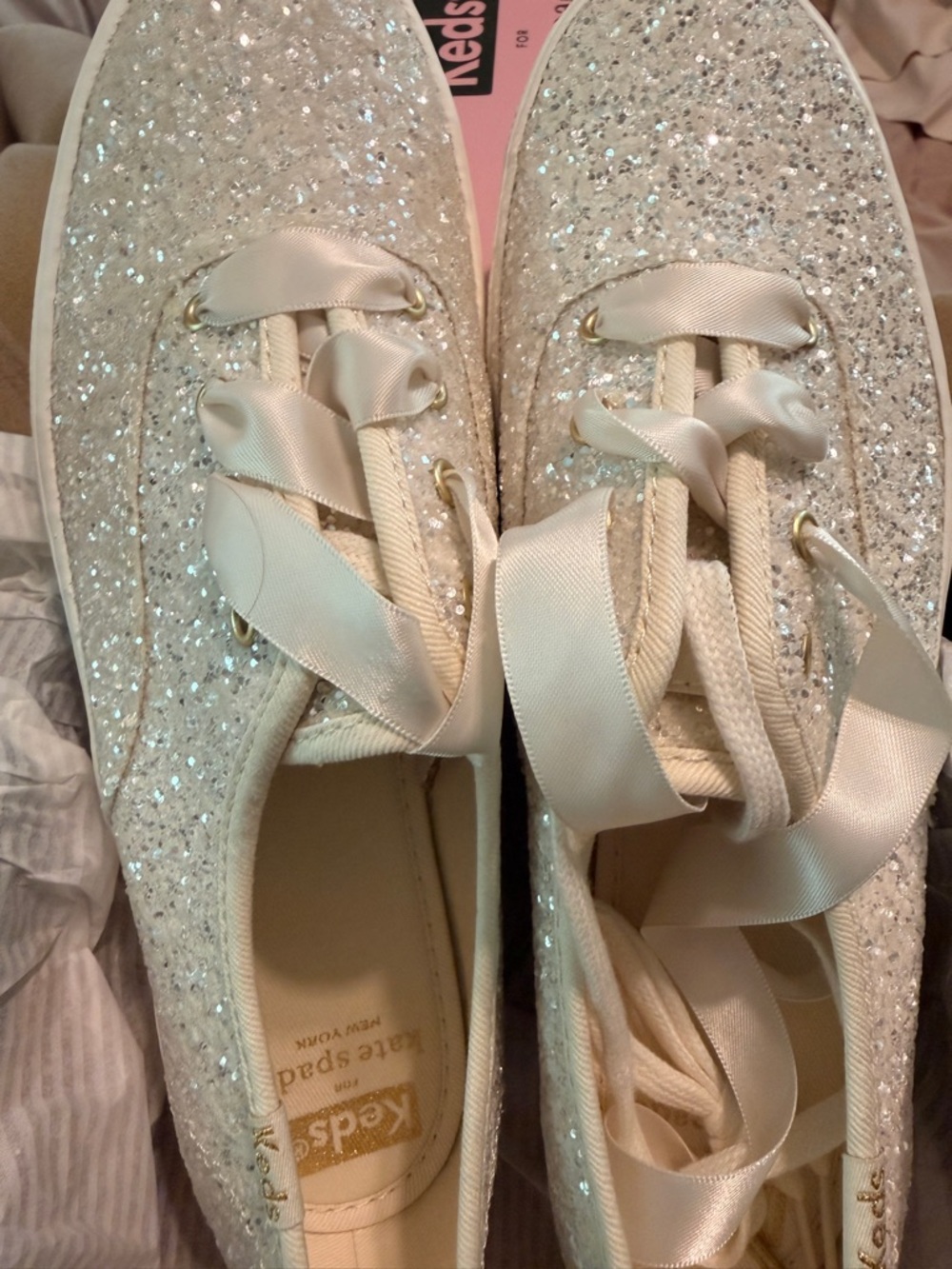 Keds Women's Glitter Ribbon Lace-Up Sneakers by KATE SPADE Cream 8.5